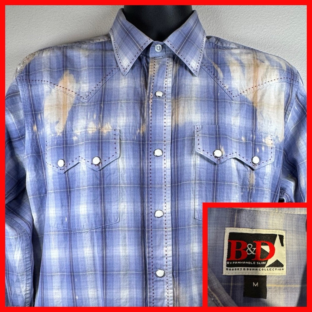B&D Panhandle Slim Mens M Western Shirt Plaid  Highland Cow Graphic‎ Pearl Snap